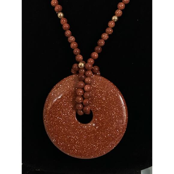 Handmade Orange Goldstone Necklace, 15.5in, Goldtone Accents and a Crystal Donut - Picture 4 of 8
